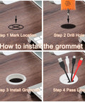 Installation steps for White Plastic Desk Grommet 2 Inch With Hole Saw Kit 2 Pack Cable Cord Management For Office.