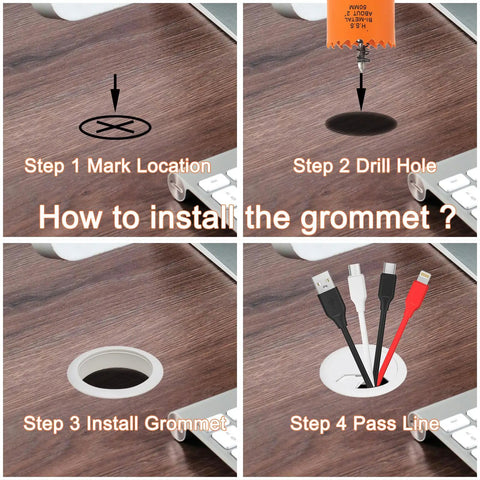 Installation steps for White Plastic Desk Grommet 2 Inch With Hole Saw Kit 2 Pack Cable Cord Management For Office.