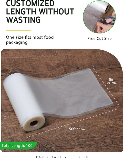 Two Rolls 8 Inch By 50 Foot Vacuum Sealer Bags For Storage, Meal Prep And Sous Vide, BPA Free, Puncture-Resistant, Commercial Grade