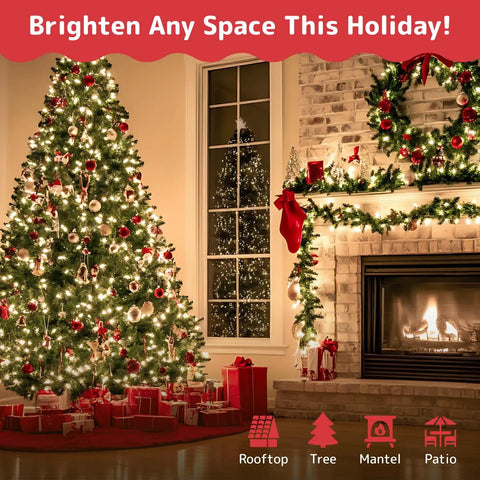 Ultra Bright White Christmas Lights 100-Count, 20 Ft Clear Wire String Lights on decorated indoor Christmas tree by fireplace