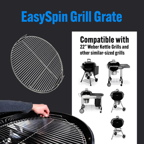 EasySpin 304 Stainless Steel Charcoal Grill Cooking Grate For 22 Inch Kettles With Large Hinged Opening Great For Two Zone Grillin Replacement Grate Compatible With Weber And Other Grills shown with compatible grill models.