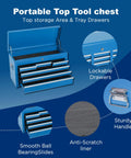 Blue 8 Drawer Rolling Tool Chest Hella Tough Shop Ready Design Detachable Top Bin with lockable drawers and sturdy handle.
