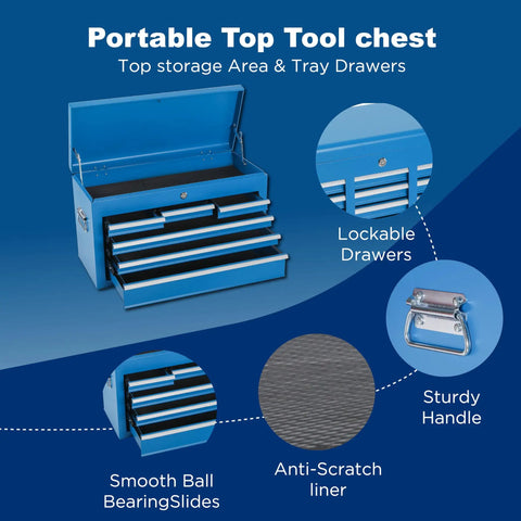 Blue 8 Drawer Rolling Tool Chest Hella Tough Shop Ready Design Detachable Top Bin with lockable drawers and sturdy handle.