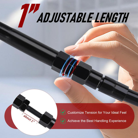Clutch cable, black, extended with 1-inch adjustable length collar; close-up view of hand adjusting.
