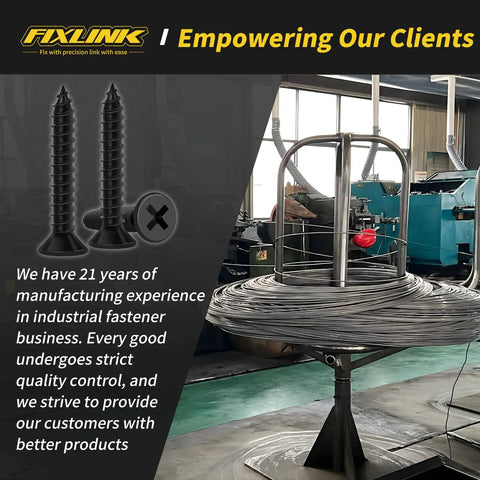 FixLink brand factory with machinery and One Inch Wood Screws 130 Piece Set Self Tapping Flat Head Phillips Black Carbon Steel.