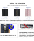 Guide to measuring zipper size, showing metal, nylon, and plastic zippers, suitable for Universal Size 5 Zipper Slider Replacement Kit.
