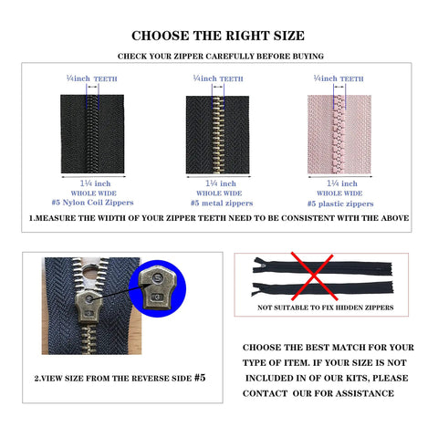 Guide to measuring zipper size, showing metal, nylon, and plastic zippers, suitable for Universal Size 5 Zipper Slider Replacement Kit.