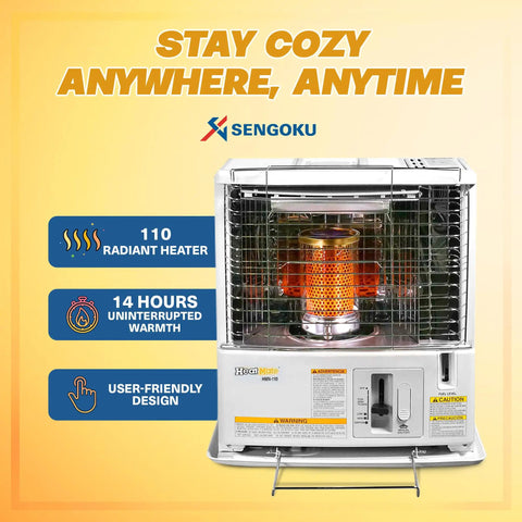 HeatMate Portable Kerosene Heater For Indoor And Outdoor Use 10000 BTU Cordless Space Heater shown with design features