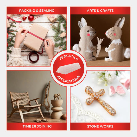 Collage showing diverse uses of Industrial Grade Hot Melt Glue Sticks for glue guns in arts, crafts, wood, and stone applications.