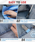 Steps to use Permanent Fabric Glue That Sticks Like A Dream on denim for clothing repairs.