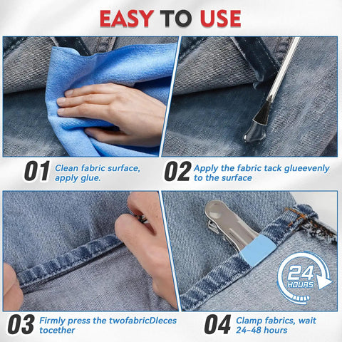 Steps to use Permanent Fabric Glue That Sticks Like A Dream on denim for clothing repairs.