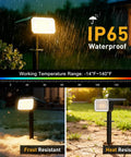 Outdoor Solar Lights Waterproof Super Bright Cool White 6500K LED Pathway And Patio Lighting For Garden Yard And Driveway No Fuss Weatherproof Solar Powered Lamp shown in rain and frost conditions