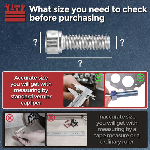 50 Pack M3 Socket Head Cap Screw Kit 304 Stainless Steel Bolts Assortment For Makers With Sizes M3x40 45 50 55 60mm Allen Socket Drive Includes Allen Wrench Handy For 3D Printers And DIY Projects., size guide showing a stainless steel socket head cap screw and caliper measurement