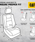 Diagram showing dimensions for MeshFlex Automotive Seat Covers For Cars Trucks And SUVs Beige Front Seat Covers with illustrations of non-compatible seats.
