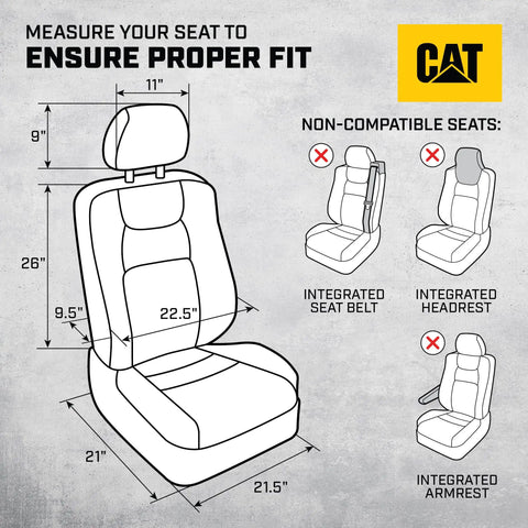 Diagram showing dimensions for MeshFlex Automotive Seat Covers For Cars Trucks And SUVs Beige Front Seat Covers with illustrations of non-compatible seats.