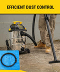 Reusable Blue Cloth Filter With Clamp Ring 19-1500 for 5-6 Gallon Wet Dry Vacs next to vacuum in use, filter bag visible