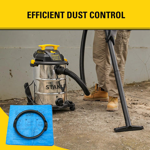 Reusable Blue Cloth Filter With Clamp Ring 19-1500 for 5-6 Gallon Wet Dry Vacs next to vacuum in use, filter bag visible