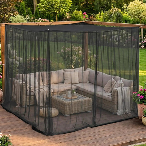 Ultra Large 118x118x77 Inch Outdoor Mosquito Net With One Opening Black Mesh Insect Netting Installed on Patio