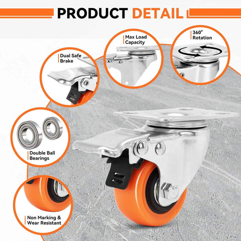 Heavy Duty 2 Inch Plate Caster Wheels Set Of 8 With Brakes 150 Lb Capacity Each with dual brake features and 360 rotation.