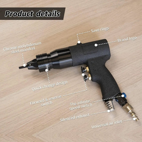 Heavy Duty Pneumatic Rivet Nut Puller Kit with self-locking head detail view showing chrome molybdenum steel mandrel