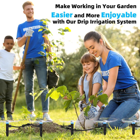 No Fuss 234 Foot Drip Irrigation System Kit With Adjustable Three Spray Patterns for Gardens in use in a garden setting