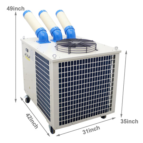 28900 Btu Industrial Spot Cooler And Portable Air Conditioner Slams Through Shop Heat With Massive Airflow, showing dimensions and flexible exhausts.
