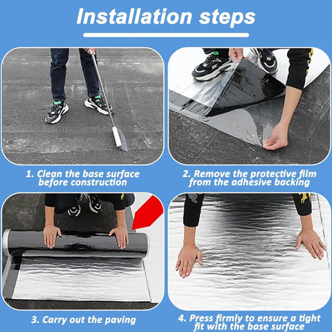 Installation steps for Tough As Nails Asphalt Waterproof Repair Tape Heavy Duty Self Adhesive Aluminum Foil Flashing Roll.