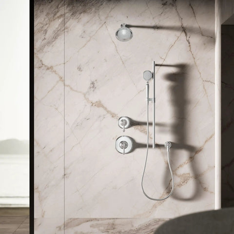 Artifacts Single Function Hand Shower with 1.75 GPM Flow, Polished Chrome Finish, installed on marble wall with ergonomic pivot
