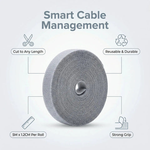 Adjustable Reusable 5M Hook and Loop Cable Ties for Quick Cord Management roll in gray, labeled features for smart cable management.