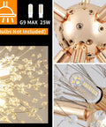Close-ups of Eight Light Gold Dandelion Sputnik Crystal Chandelier Ceiling Light Fixture with G9 bulb sockets and crystal details