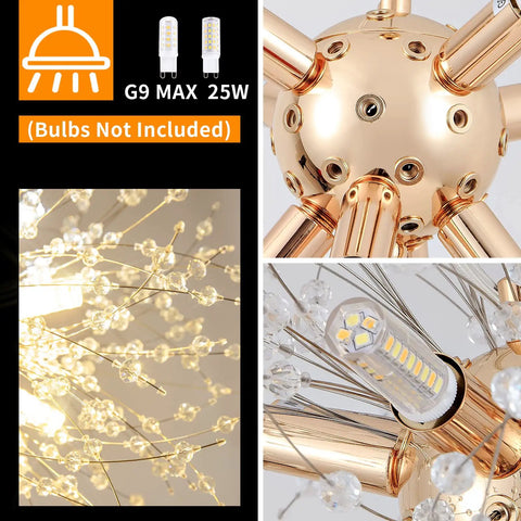 Close-ups of Eight Light Gold Dandelion Sputnik Crystal Chandelier Ceiling Light Fixture with G9 bulb sockets and crystal details