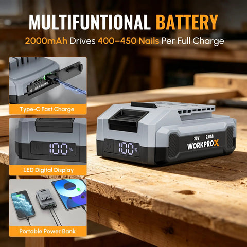 2000mAh multifunctional battery for A Total Game Changer 20V Cordless Brad Nailer And Staple Gun Kit with LED display.