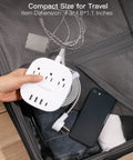 20W USB C Desktop Power Strip With 3 AC Outlets, 3 USB-A Ports, And 1 USB-C Fast Charge shown compactly in a suitcase