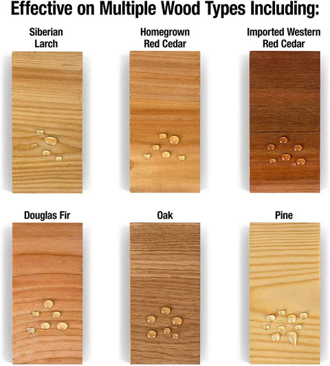 Samples of different wood types showing water beading with One Coat Wood Sealant For Outdoor Use That Keeps Decks Fences Sheds And Furniture Dry