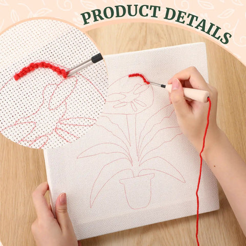 Hand using punch needle on pattern in Four Sets Punch Needle Kit With 10x10 Frames For Beginners, Embroidery Starter Kit With Patterns.