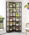 Seven Tier Corner Shelf Industrial Bookcase Crafted Tough To Clear The Decks Of Clutter While Holding Down All Your Gear And Keeping Every Nook Looking Sharp And Tidy with plants.