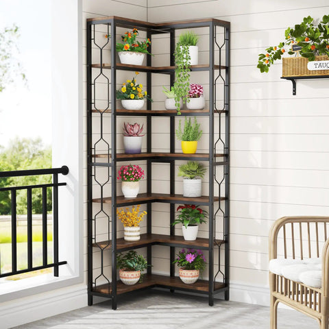 Seven Tier Corner Shelf Industrial Bookcase Crafted Tough To Clear The Decks Of Clutter While Holding Down All Your Gear And Keeping Every Nook Looking Sharp And Tidy with plants.