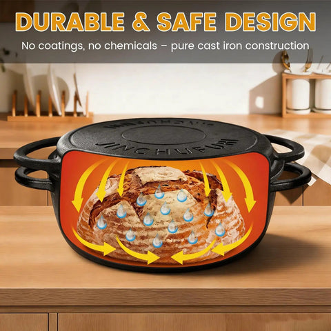 All In One Cast Iron Dutch Oven And Skillet Lid Pre Seasoned Heavy Duty Cookware showing bread baking process