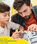 Wind Power V4.0 Hands On STEM Experiment Kit Build A 3 Foot Wind Turbine To Generate Electricity Learn Renewable Energy And Power A Small Model Car Weatherproof For Outdoor Use being assembled by an adult and child.