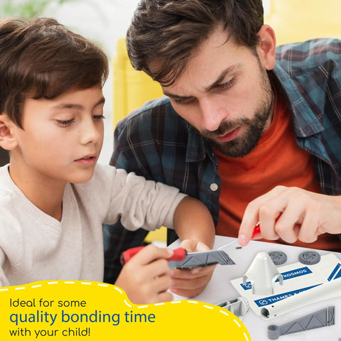Wind Power V4.0 Hands On STEM Experiment Kit Build A 3 Foot Wind Turbine To Generate Electricity Learn Renewable Energy And Power A Small Model Car Weatherproof For Outdoor Use being assembled by an adult and child.