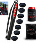 9 Can Golf Beer Sleeve XL Cooler with 7 reusable ice pucks, neoprene holder, and adjustable strap, showing leak-proof zipper