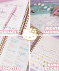 Hello Kitty Pink Gold Foil Journal Set for Girls with writing pages, calendar spreads, and kawaii stickers, perfect for school.