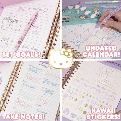 Hello Kitty Pink Gold Foil Journal Set for Girls with writing pages, calendar spreads, and kawaii stickers, perfect for school.