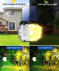 4 Pack 30 LED Solar Spot Lights Outdoor With Adjustable Panels IP67 Waterproof showing day and night functionality