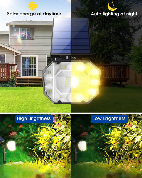 4 Pack 30 LED Solar Spot Lights Outdoor With Adjustable Panels IP67 Waterproof showing day and night functionality