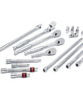 Three Eighth Inch Drive Ratchet And Drive Tools Set With Eighty Four Tooth Full Polish Chrome Ratchets on white background