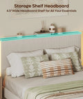 Ultimate Cozy Queen Size Bed Frame Crafted From Plush Beige Corduroy Upholstery With Hidden Storage Headboard Ambient Led Strip Lights - 4.5" wide headboard shelf displaying essential items.