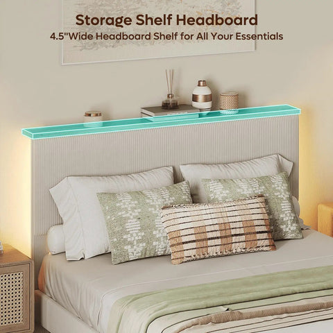 Ultimate Cozy Queen Size Bed Frame Crafted From Plush Beige Corduroy Upholstery With Hidden Storage Headboard Ambient Led Strip Lights - 4.5" wide headboard shelf displaying essential items.