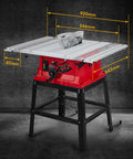 10 Inch 15 Amp Tough Job Site Table Saw With Rock Solid Stand And Push Stick For Effortless Cuts And Tight 90 Degree Cross Angles Along With Smooth 0 To 45 Degree Bevel Shift Adjustable Blade Height displayed with measurements.