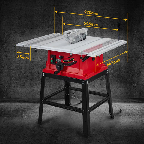 10 Inch 15 Amp Tough Job Site Table Saw With Rock Solid Stand And Push Stick For Effortless Cuts And Tight 90 Degree Cross Angles Along With Smooth 0 To 45 Degree Bevel Shift Adjustable Blade Height displayed with measurements.